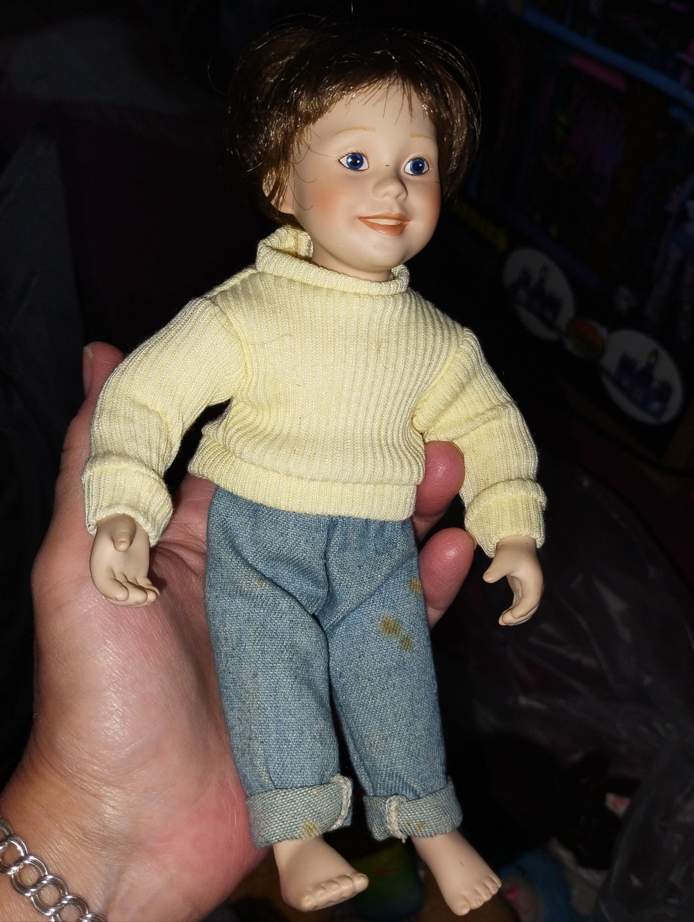 Vintage MBI 1992 J.M. Belle Porcelain Doll Brown hair Blue Eyes 8" tall boy